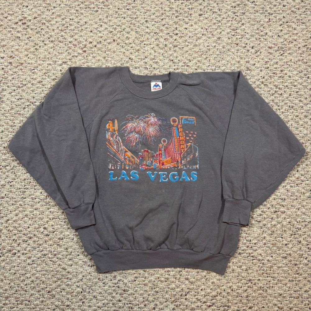 Vintage Miller Las Vegas Graphic Sweatshirt Mens XL Gray USA Made Puff Print